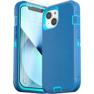 for iPhone 13 Case (6.1"), with 2 Tempered Glass Screen Protector [Heavy Duty Military-Grade Full Body Drop Protection] Shockproof Tough Durable 6.1 Inch（Blue）