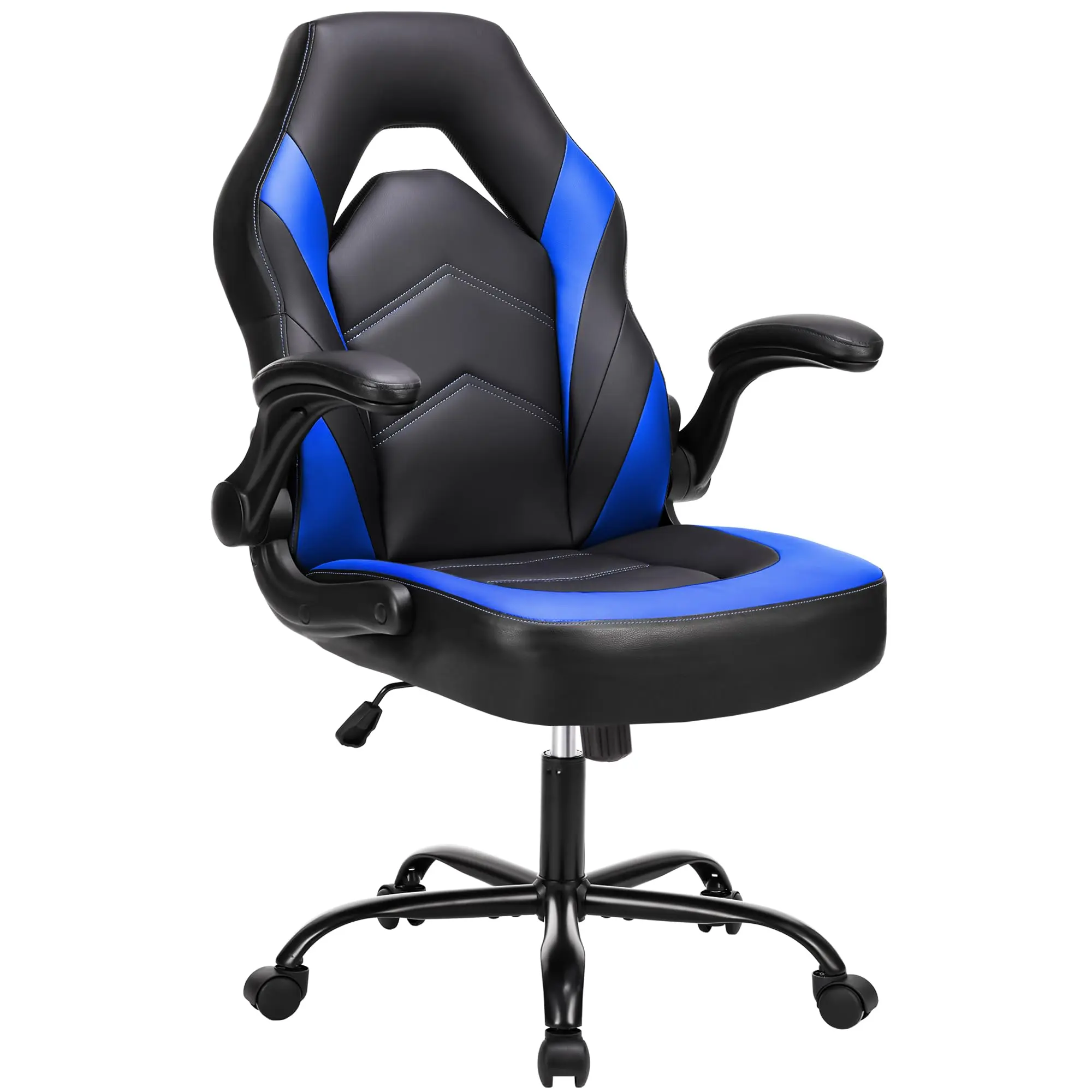 Office Ergonomic Computer Gaming Desk Racing Chair for Adults, Flip-up Arms Adjustable Height PU Leather Swivel with Wheels - Blue