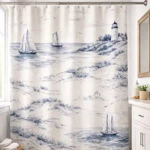 Coastal Nautical Shower Curtain with Lighthouse & Sailboat Print, Farmhouse Ocean Bathroom Curtain, Waterproof Fabric.Waterproof Bathroom Curtain with 12 Hooks.