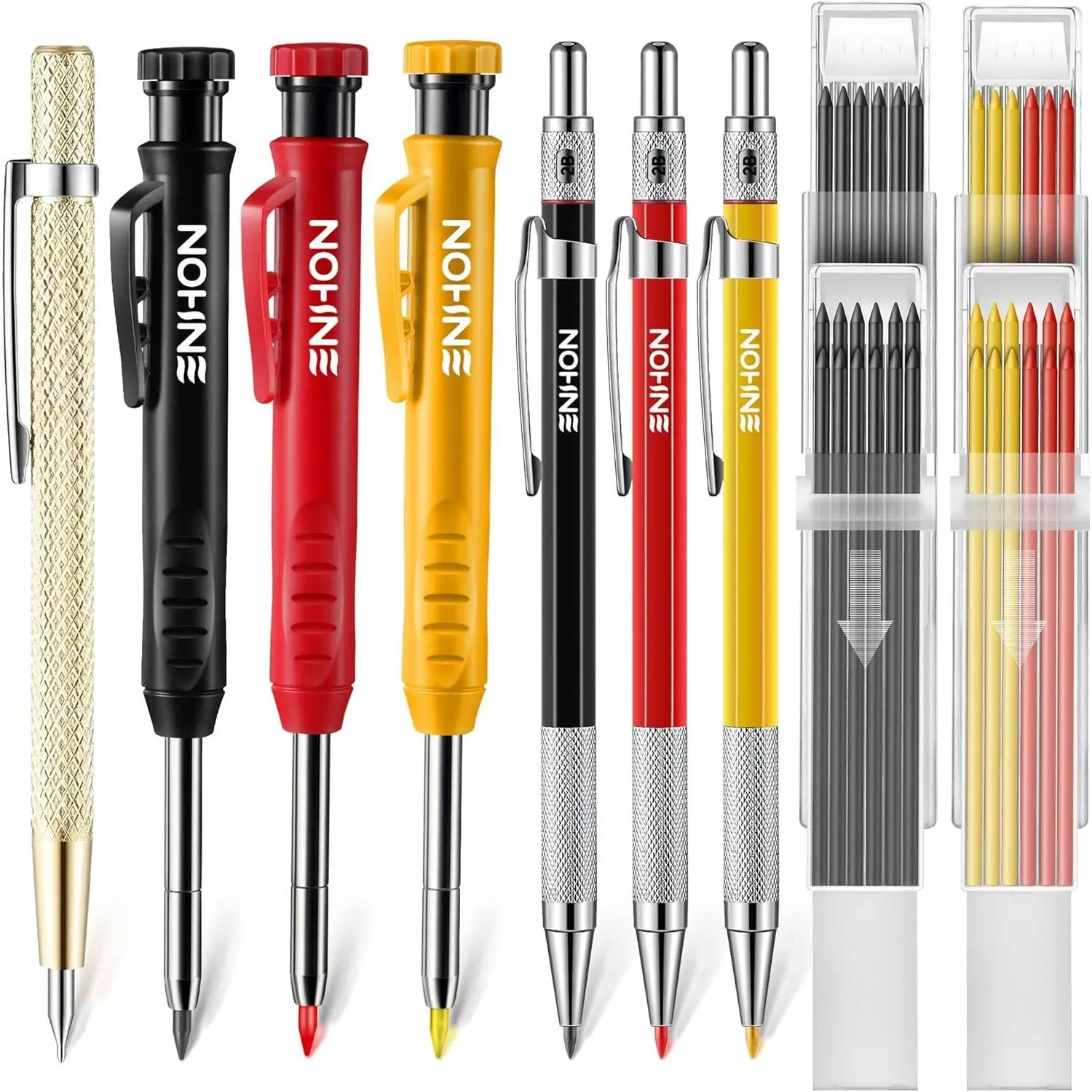 6 Pack Carpenter Pencil with Sharpener, Mechanical Carpenter Pencils with 36 Refills, Heavy Duty Construction Pencil Woodworking Tools for Architect Marking