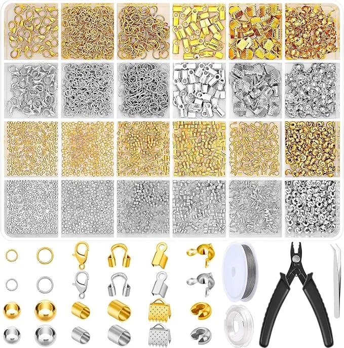 2384Pcs Crimp Beads Supplies for Jewelry Making, Including Crimp Bead Covers, Crimp Tubes, Bracelet Clasps and Closures, Crimp Ends, Jump Rings, Crimping Pliers and Beading Wire for Bracelets Making