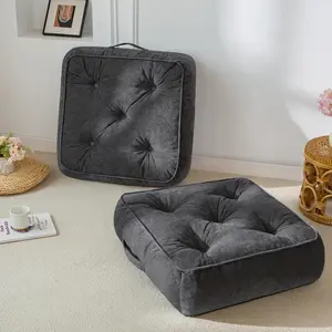 Extra Thick 22x22 Inch Square Floor Pillow Cushion 2Pack Dark Grey, Tufted Lustrous Chenille with Handle for Adult Meditation Yoga Tatami Living Room Sitting