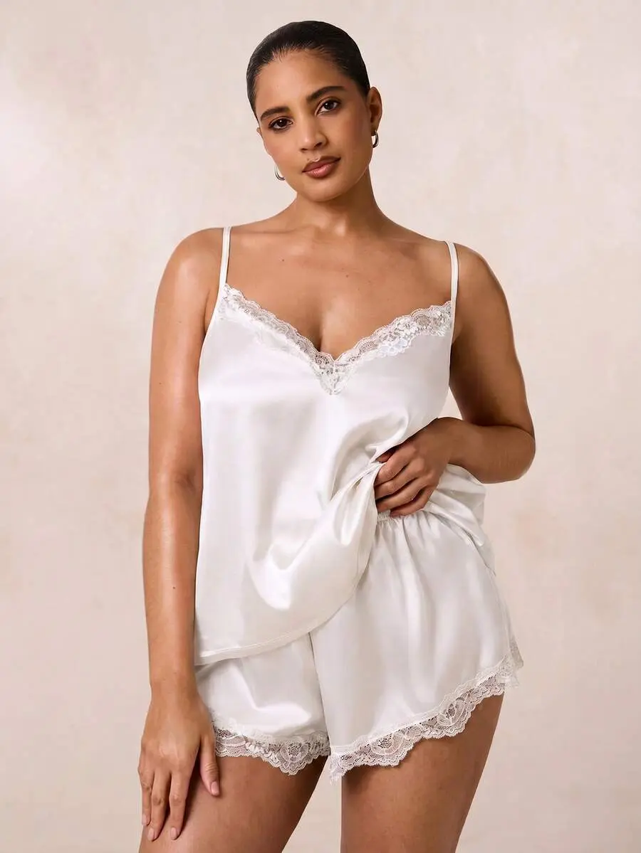 Velia x  BAE Plus Lace Trim Satin Cami Top & Shorts Pajama Set, White Bridesmaid Sleepwear