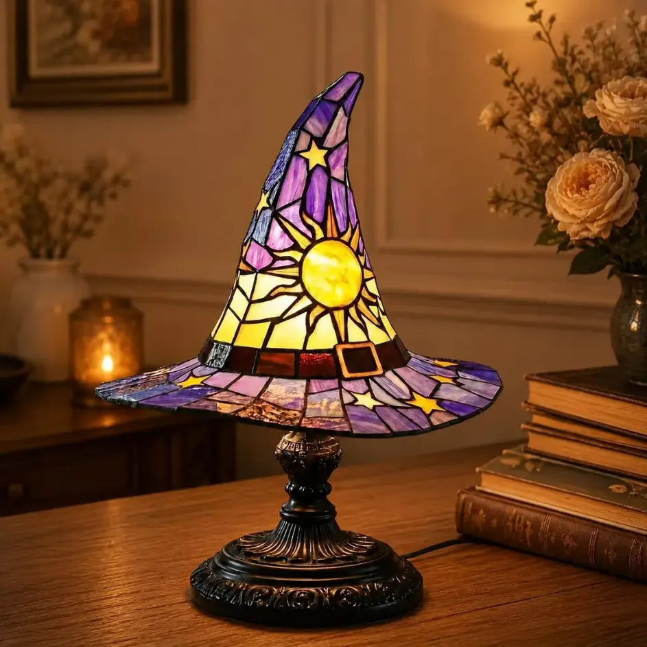 Stained Glass Witch Hat Table Lamp, Vintage Sun and Moon Design Desk Light with Pull Chain, Gothic Bedside Lamp for Halloween Home Decor, Magical Witchy Aesthetic Room Decor Gothic Halloween Light | Witchcore Home Decor | Decorative Accent Lighting