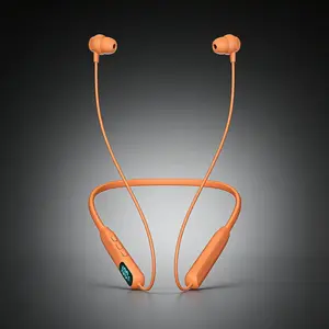 Orange Neckband Bluetooth Headphones – IPX4 Sweatproof Wireless In-Ear Earbuds with LED Battery Display, Perfect for Sports, Work, Travel, Gaming & Clear Hands-Free Calls