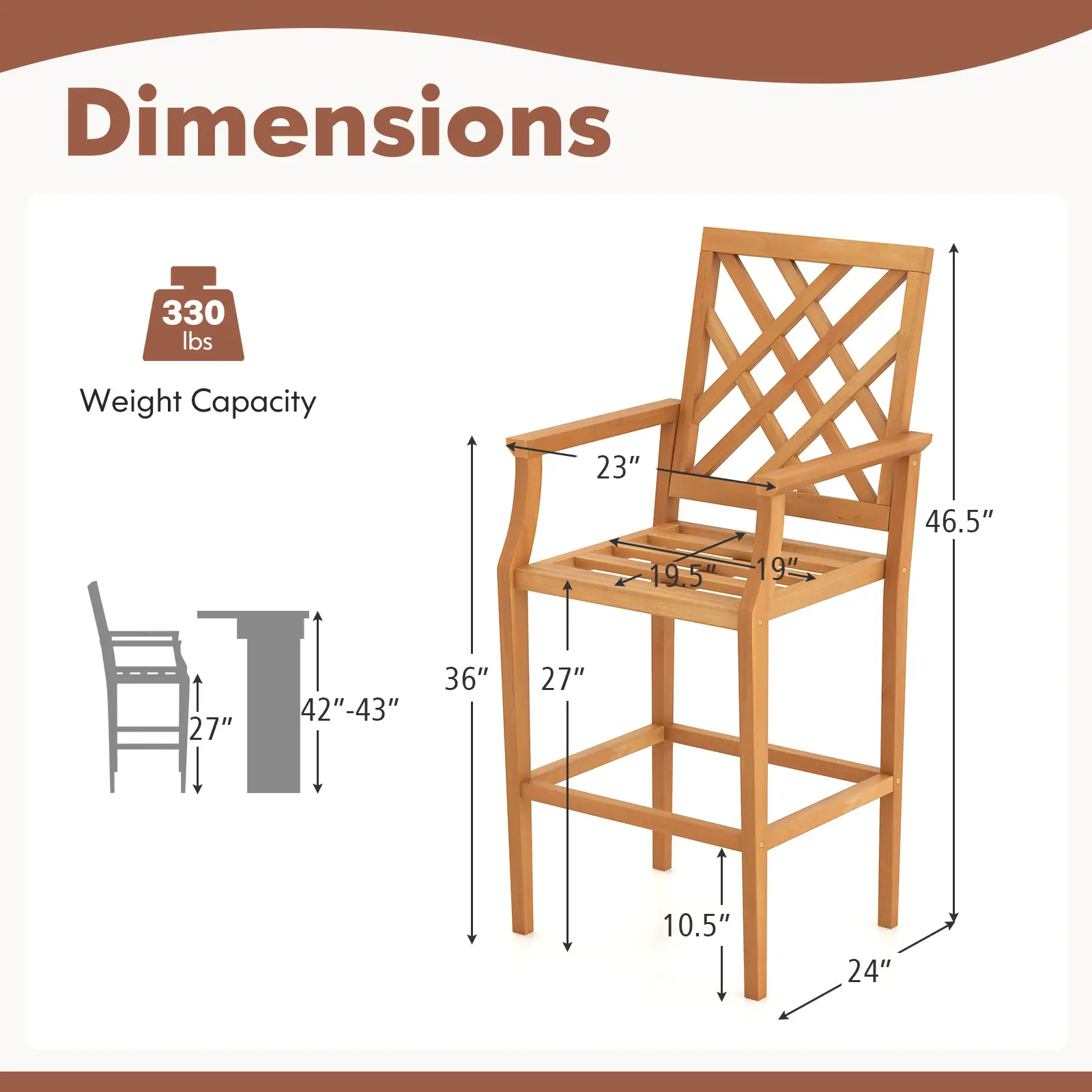 COSTWAY - Patio Teak Wood Bar Stool Outdoor Counter Height Chair with Ergonomic Backrest