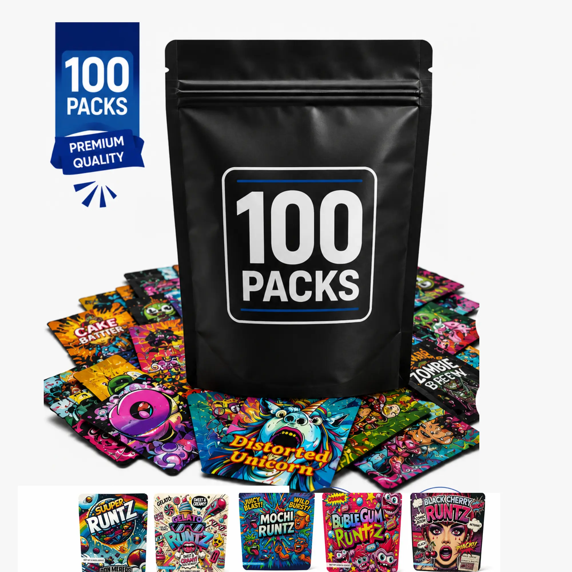 100 Runtz Pack Decorative Storage Bags | 4" x 5" Small | Assorted Designs | Organizer & Retail Packaging
