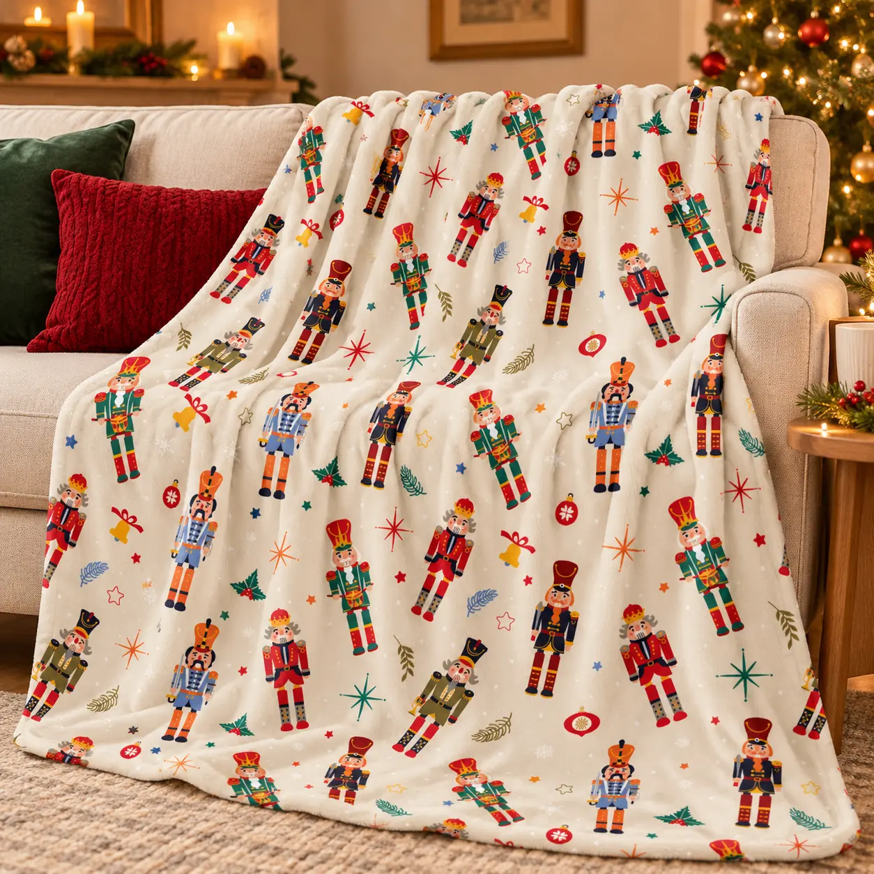 Christmas Nutcracker Flannel Throw Blanket, Festive Xmas Nutcracker Soldier Snowflake Pattern Soft Lightweight All Season Blanket, Cozy Holiday Decorative Blanket for Sofa Bedroom Dorm, Gift for Family Friends, Suitable for Travel, Camping, Christmas