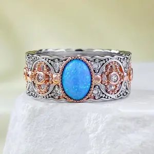 【958】New Year Promo Dual-Tone Floral Openwork Ring: Synthetic Opal Center with Cubic Zirconia Border