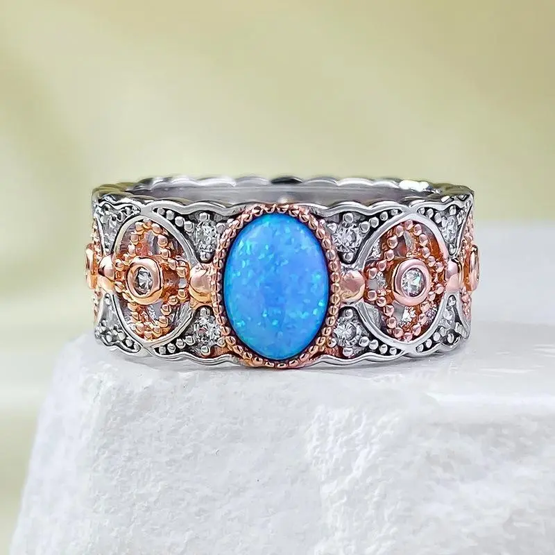【958】New Year Promo Dual-Tone Floral Openwork Ring: Synthetic Opal Center with Cubic Zirconia Border