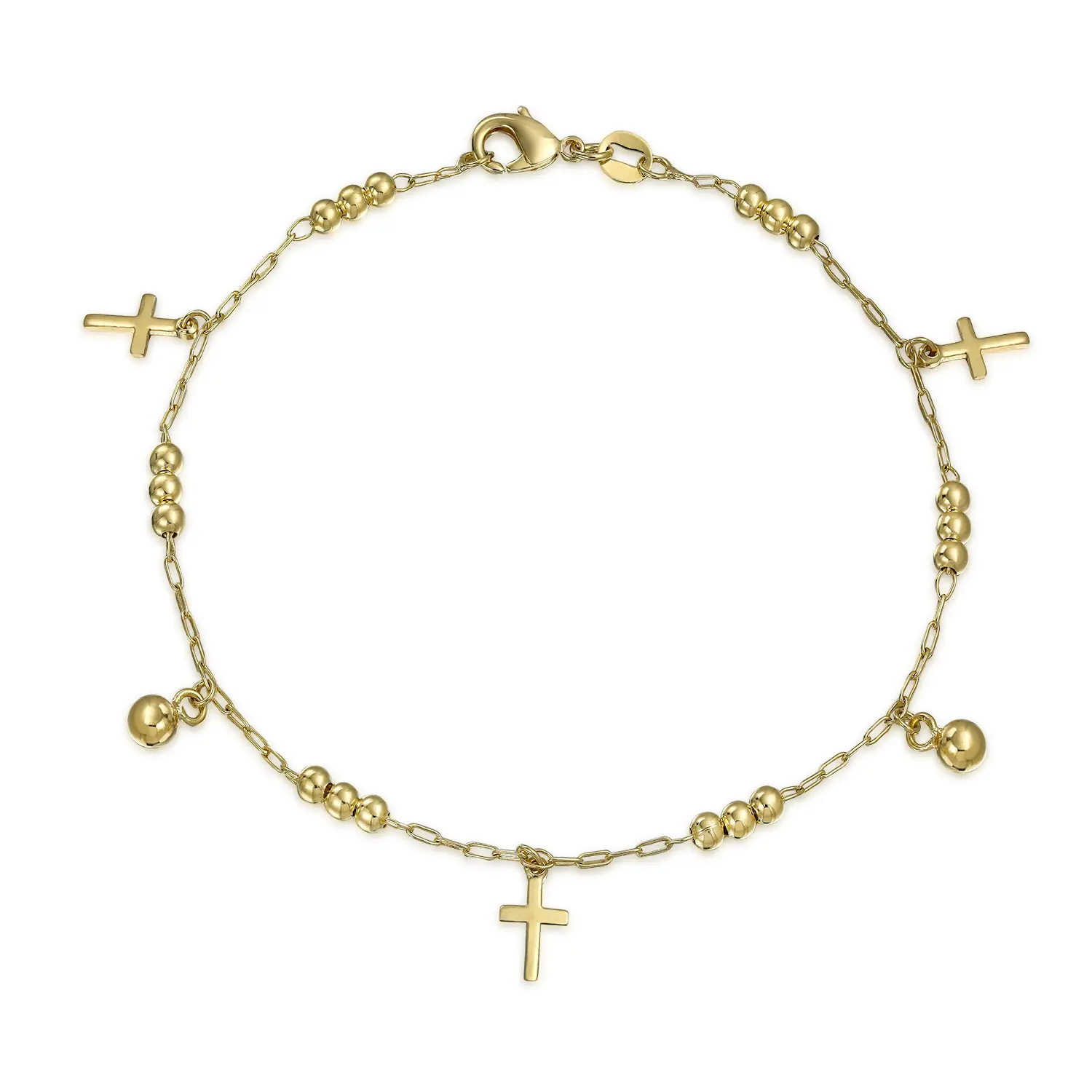 Religious Cross Anklet with Beads Bells Charm Ankle Bracelet Gold Plated 10 Inch