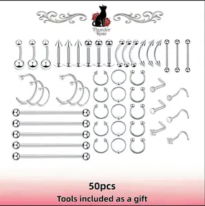 50-Piece Body Piercing Jewelry Set, Curved & Straight Surgical Steel Piercing Kit for Ears, Nose, Lips & Belly Buttons, with Free Piercing Tool Kit Included