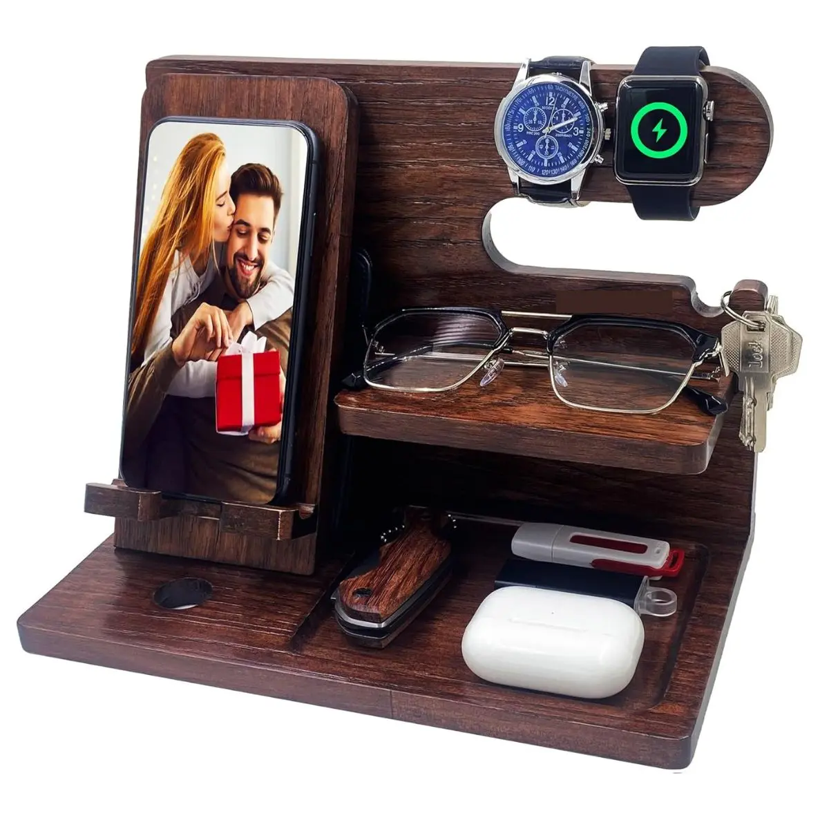 Wooden Phone Docking Station – Nightstand Organizer Gift for Men & Women