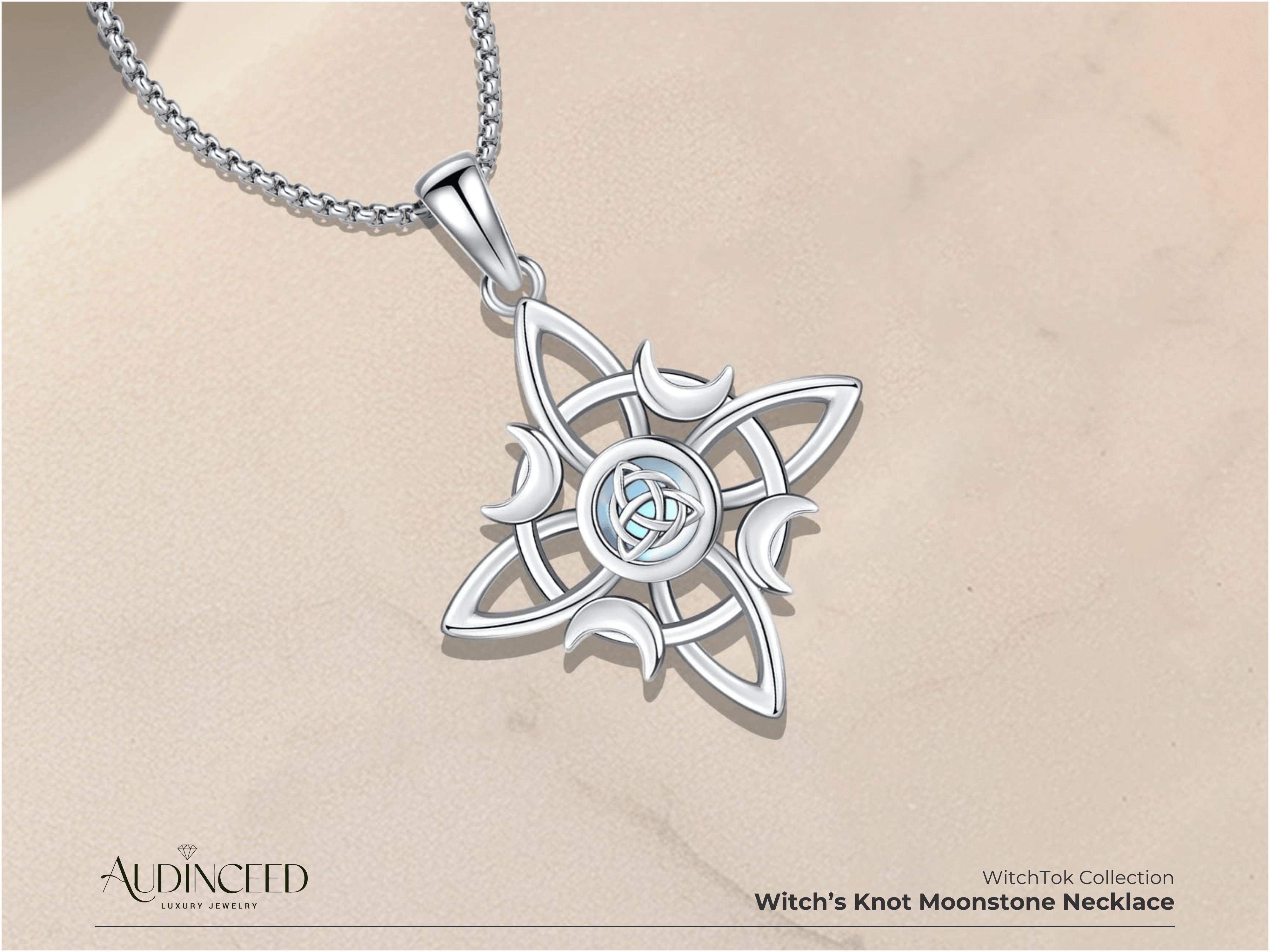Audinceed Witch Knot Moonstone Necklace, S925 Sterling Silver Cosas Nudo De Bruja Plata 925 Moonstone Pagan Wiccan Witch Witches Knot Silver Necklace Pendant Dark Feminine Jewelry Gift for Woman Girl