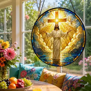 [Made in US] Jesus Christ Stained Glass Suncatcher, Holy Cross Window Hanging Decor, Religious Christian Catholic Gift, Easter Church Light Catcher