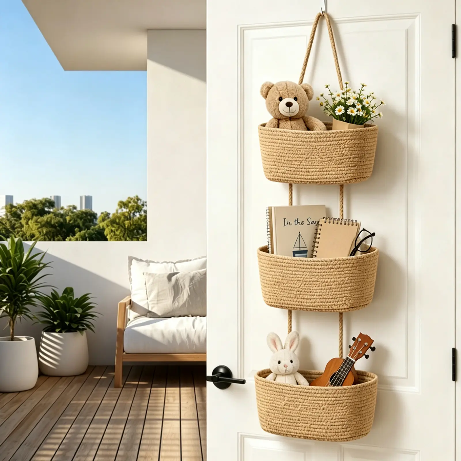 【Handmade】Woven cotton 3-Tier Over the Door Basket, Wall-Mounted Jute Storage Organizer–Decorative Nursery Baskets, Perfect for Busy Mom/Dad to Store Diapers & Toys small basket Gift Hook laundry basket house organizers decor storage basket giftsforfamily