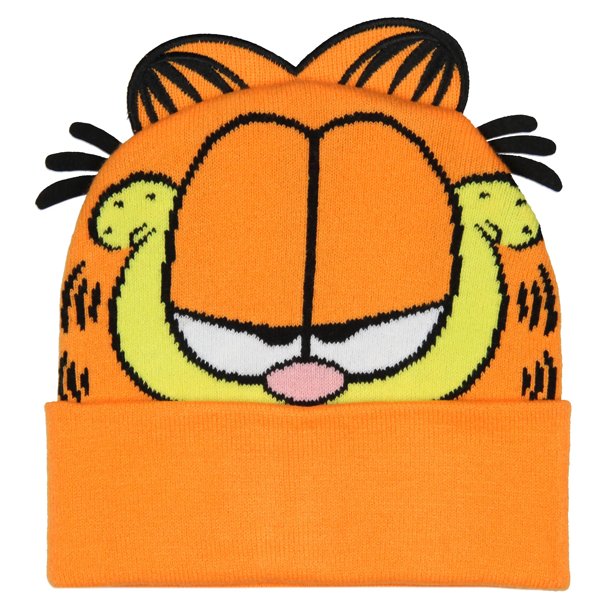Garfield Beanie Men's Allover Face Design w 3D Ears and Faux Fur Tufts Cuff Knit Cold Weather Casual Beanie Cap Hat OSFM
