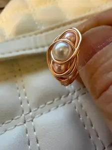 Handmade Wire Wrapped Bead Nesting Rings with Pearl and Rose Gold Wire, Delicate Stacking Jewelry for Women, Elegant Gift
