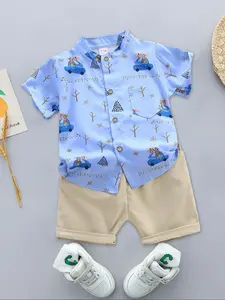 Boys' Fashion Two-Piece Set, Single-Breasted Printed Shirt & Solid Color Shorts, Outdoor Activities, Cute & Stylish, for Young Men