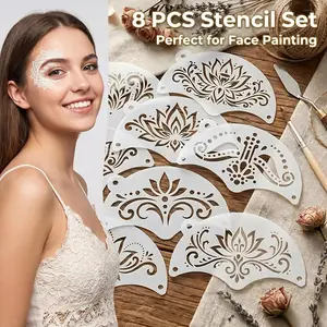 8-Piece Mandala Floral Face Painting Templates, Reusable Lotus Pattern Stencils, DIY Art Craft Cutouts, for Face Paint, Canvas, Glass, Furniture Decor