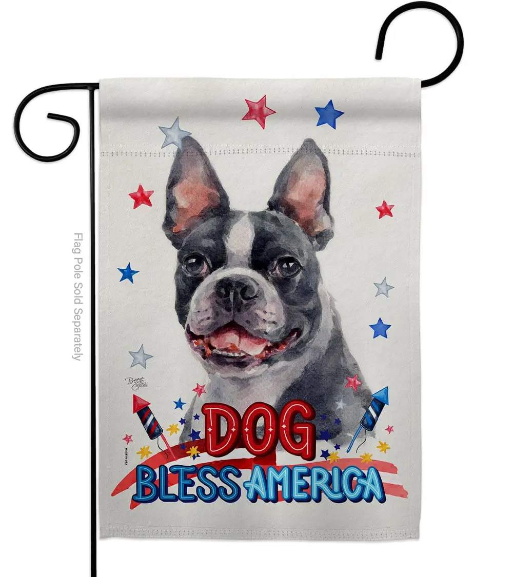 Breeze Decor G120123-BO Patriotic Boston Terrier Decorative Fabric Outdoor Flag, 13x18.5in Double-Sided Vertical Garden Decor, Yard House Banner Gift