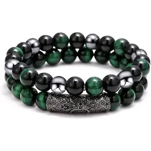 2Pcs Triple Protection Bracelet,Natural Tigers Eye Black Obsidian and Hematite 8 MM Beads Bracelet for Men Women Gift, Healing Crystal Bracelet Bring Luck and Prosperity and Happiness