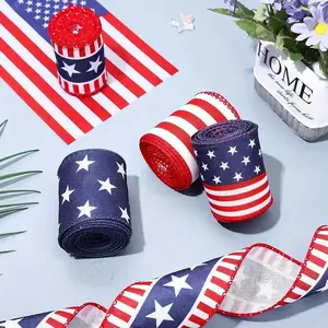 Star & Stripe Pattern Wired Ribbon, 2.5 Inch Patriotic American Flag Ribbon, Party Decoration Supplies for Home Party & Festival, Gifts