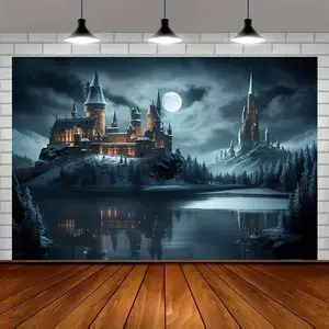 Magic Castle Wizard World Night Sky Party Banner - Enchanted Fantasy Decor with Snow-Capped Castles, Moonlit Sky & Reflective Waters, Polyester Wall Art for Home, Room, or Party Backdrop, Fantasy Event Decor | Mystical Atmosphere | Vibrant Colors, Fairy P