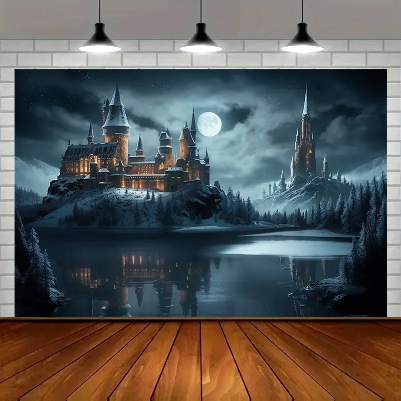 Magic Castle Wizard World Night Sky Printed Synthetic Banner Kit - Wrinkle Resistant Lightweight Single Polyester Hanging Wall Art with Hanging Clips, Enchanted Decor (Snow-Capped Castles, Moonlit Sky, Reflective Waters) for Parties, Home Backdrop