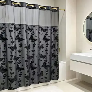 YRZTRK Blue Flocked Butterfly No Hook Double-Layer Butterfly Flocked Shower Curtain,Mesh Top Window，Mesh Top Window, Hook-Free Design, Easy Installation, Farmhouse, Hotel, Modern Home Decoration, 72x75in