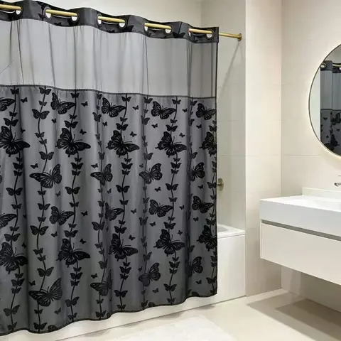 YRZTRK Hookless Blue Flocked Butterfly Shower Curtain - 72x75 Inches (72w*75h), Double-Layer Mesh Top Window, Hassle-Free Hook-Free Installation, Rustic Farmhouse & Modern Bathroom Decor
