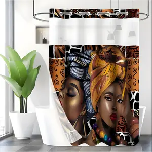 LVRLVR 1pc African Ethnic Style Women Portrait Art Pattern Polyester Double Layer Lined Shower Curtain 70.874 Inches/180188cm