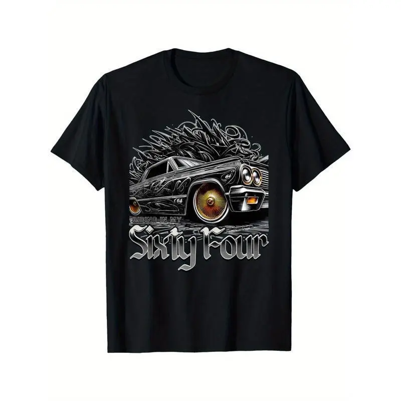 [lowrider Street Art T-shirt] Chicano Lowrider Graphic Tee - Classic 64 Car Design On Black Cotton T-shirt for Men, Street Art Style