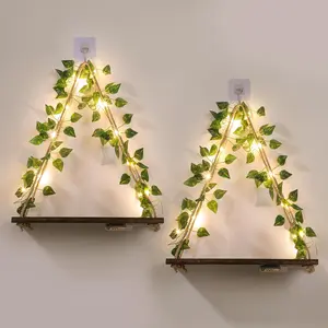 Floating Shelves for Wall No Drilling,Wall Dcorations Art,Hanging Shelf,Leaves and Light Strip with Flower,Set of 2  Decor for Home House Livingroom Bedroom Officer,Boho Decor,Gifts for Woman