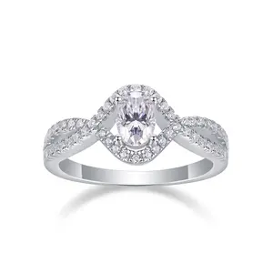 [TW] "Muse" 0.5 ct Oval Cut Moissanite Engagement Ring Classic Twisted Doulbe Band Solid S925 Sterling Silver 18k Platinum Plated Petite Pave Ring VVS1 D Color  Perfect Gift For Her Birthday Valentine Propose (R13418)