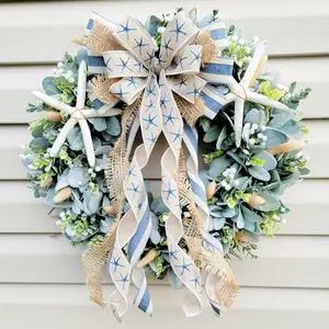 1 Piece Starfish Flower Wreath, 18 Inch Beach Theme Wreath, Blue Striped Bow and Greenery, Front Door Decoration, Valentine's Day Gift
