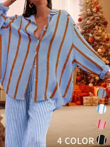Women's Striped Button Shirt Casual Boyfriend Long Sleeve Asymmetrical Hem Soft Top, Fall & Winter Fashion
