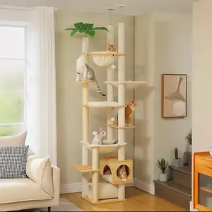 Modern Floor-to-Ceiling Cat Tree Tower – Adjustable Height (91in–100in) | Multi-Level Condo for Large Cats with Beds, Scratching Posts & Hammocks