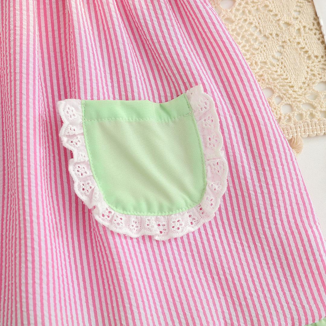 Toddler Girl Summer Outfit Strawberry/Watermelon Embroidery Striped Short Sleeve Ruffle Princess Dress with Pockets