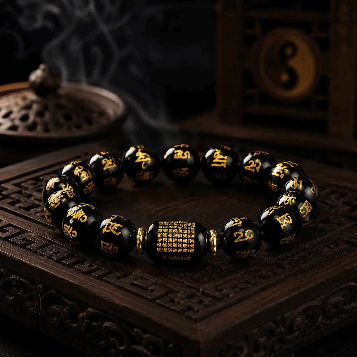 Wudang Inspired Black Mantra Bead Bracelet with Gold Scripture Charm, Lucky Protection Bracelet for Wealth, Focus, Balance, Career, Positive Energy & Spiritual Jewelry Gift