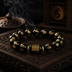 Wudang Inspired Black Mantra Bead Bracelet with Gold Scripture Charm, Lucky Protection Bracelet for Wealth, Focus, Balance, Career, Positive Energy & Spiritual Jewelry Gift