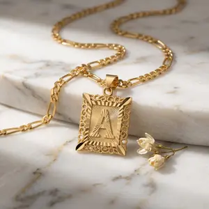 Women's & Men's Square Initial Pendant Necklace | 14K Gold Plated Capital Monogram Letter A-Z | Stylish Figaro Chain Jewelry for Daily Wear