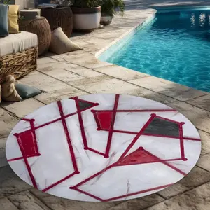 360 stand 5x5 ft. Red Outlined Shapes Round Outdoor Area Rug - Contemporary Patio Decor, Modern Outdoor Textile, Circular Patio Rug