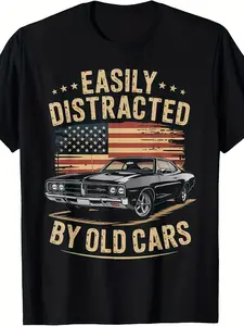 Easily Distracted By Old Cars Classic Car Guy Funny Vintage | Unisex T-Shirt, Crew Neck, All-season, 2025 Summer, Short-Sleeved, Printed, Pure 220G, Slight Stretch, Regular Fit
