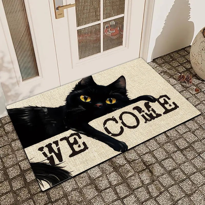1Pc Lazy Black Cat Welcome Diatom Mud Anti Slip And Water Absorbing Rug Entrance Door Mat Indoor And Outdoor Door Mat Kitchen Dining Room Bathroom Decor Holiday Home Decor, Decorative Area Rug, Diatomite Rug, Non Slip Doormat