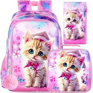 Z-CPB36   3PCS Girls Cat Bookbag, 16" Kids Backpackwith Lunch Box, Water Resistant School Bag for Elementary Prechool Toddler