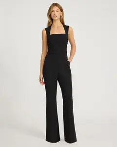 Express Signature Crepe Square Neck Sleeveless Ruched Flare Trouser Jumpsuit with Pockets