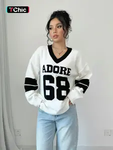 Autumn Winter Color Block V Neck Sweater for Women, Casual Loose Knitwear with Letter Design, Trendy Streetwear, Comfortable Long Sleeve Sweatshirt