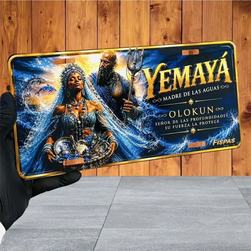 FISPAS Yemayá & Olokun Exclusive Edition Premium Metal Universal Car Number Plate, 12x6 In Artistic Exterior Accessory