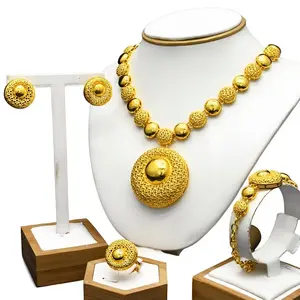 Women's Golden Alloy Four Statement piece Jewelry Set Necklace Earrings Bracelet Ring Bridal Accessories Fashionable Dubai Style